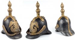 Каска солдатская, 26 Могилевского пехотного полка, образца 1844 г. Россия, неизвестная мастерская. Кожа, металл, ткань. Каска в оригинальной комплектации.