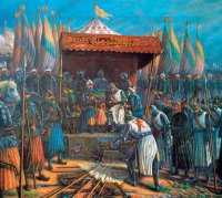 Разгром армии короля Иерусалимского Гвидо(на) де Лузиньяна султаном Египта и Сирии  Салах-ад-Дином (Саладином) при Тивериаде (Хаттине или «рогах Хиттина») в  1187 г.