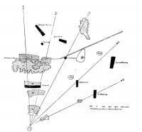 Черт. 16. Схема определения мертвых пространств на плане (по пяти направлениям) с одного и того же пункта.