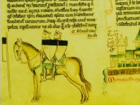 Два Тамплиера на лошади. Рисунок из Хроники Матвея Парижского. XIII век. Оксфорд, Библиотека Бодлейан.