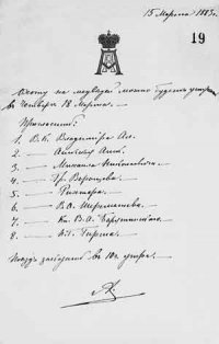 Собственноручная записка Александра III егермейстеру Г.А.Черткову о времени проведения охоты на медведей со списком приглашенных лиц. 15 марта 1883 года. ГИМ.