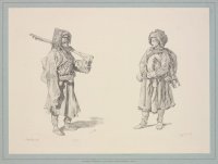 Охотник и солдат Кабардинского полка. Литография. Кавказские походные рисунки Горшельта. 1896.