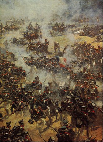 Схватка русских гренадер с дивизией запертого в городе противника. Фриана. 1912 г. Ф. А. Рубо. Холст, масло.