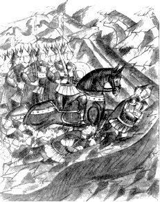 Лицевой летописный свод, Царственная книга, Москва, Исторический музей. Погибшие в бою с ордынцами на р. Калке Добрыня Рязанец Злат Пояс и Александр Попович. 1223 г.