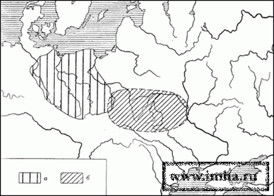 Территория славянской прародины: а - по Яжджевскому; б - по С. Б. Бернштейну