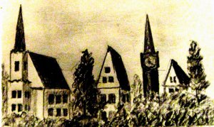 г. Рагнит. Кирха /церковь/ и башня с часами. Из фронтового блокнота В. В. Мысева.