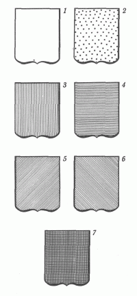 Условные обозначения расцветки гербов: - белый цвет или серебро; 2 - желтый цвет или золото; 3 - красный цвет; 4 - синий цвет; 5 - зеленый цвет; 6 - пурпур; 7 - черный цвет.