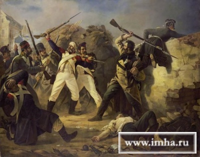 Подвиг гренадёра лейб-гвардии Финляндского полка Леонтия Коренного в битве под Лейпцигом в 1813 г., Полидор Бабаев, 1846.