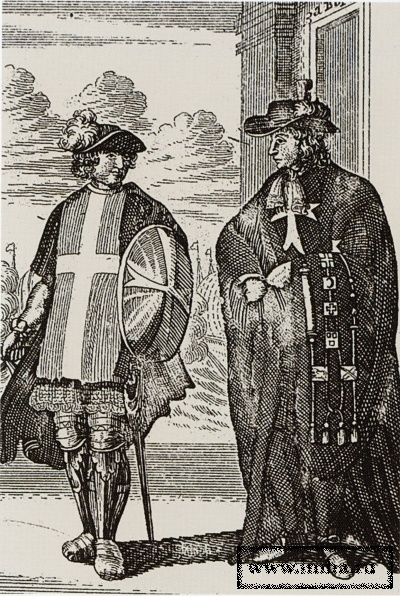 Кавалеры Мальтийского ордена. Офорт. Из кн.: Шхонебек А. История об орденах или чинах воинских паче же кавалерских. СПб., 1710. Музей-заповедник "Кусково"