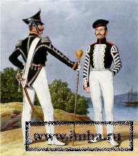 Тамбур-мажор и барабанщик пешей артиллерии. 1815-1816 гг. А.И. Берестов и П.К. Губарев. 1850-е.