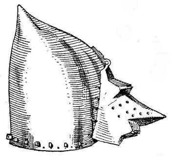Рис. 19. Бацинет со скобами для бармицы и откидным забралом, вытянутым в форме собачьей морды. Нижний край смотровой щели - зубчатый, для затруднения проникновения холодного оружия. Италия, кон. XIV в. Коллекция Я. Г. фон Хефнер-Альтенека в Мюнхене.