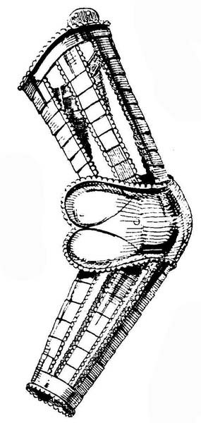Рис. 73. Наруч из «чешуйчатых пластинок». Рисунок из альбома «Образцы вооружения для мастера-доспешника», ок. 1550 г. Наследственная библиотека графов Тун в замке Тэчен.