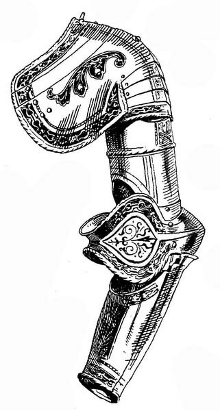 Рис. 7. Левый наруч, с жестким крылом наплечника и налокотником — открытой раковиной. От ландскнехгского доспеха Лазаруса Швенди, барона фон Гогенландсберга, императорского полевого капитана. Немецкая работа, ок. 1560 г.