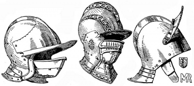Рис. 40. Бургиньот. Опускной подбородник самостоятельно крепится к бармице, охватывая ее; бургиньот надевается отдельно сверху. От полудоспеха Франца фон Кастелальто (ум. 1550). Ок. 1525 г. Рис. 41. Закрытый немецкий бургиньот. Со съемным забралом; верхняя полоса забрала изображена опущенной. От доспеха императора Фердинанда I, прозван "доспех с лепестками роз". Предположительно работа Ганса Розенбергера. Дрезден, ок. 1560 г. Рис. 42. Бургиньот. С подвижным назатыльником, откидным козырьком и подвижным подбородным ремнем. Нюрнберг. Работа Мерт. Ротшмида (ум. 1597), кон. XVI в. Земельный цейхгауз в Граце.