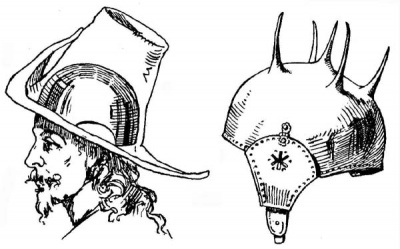 Рис. 53. Простой черепник немецкого кавалериста. Ок. 1640 г. Императорский и королевский Музей армии в Вене. Рис. 54. Черепник, с пятью шипами, черненый, с небольшими подвижными нащечниками. Италия, вторая пол. XVI в.