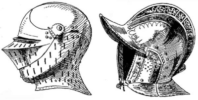 Рис. 35. Армет с перфорированными нащечниками и забралом. От доспеха императора Максимилиана I. Ок. 1500 г. Рис. 36. Бургиньот. От трехчетвертного доспеха рыцаря Ганса Фернбергера фон Ауэра (ум. 1584). Ок. 1550 г.
