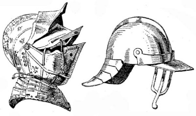 Рис. 33. Армет с низким гребнем, подбородником, забралом и подвижным усилением налобной части. Воротник из трех полос. От доспеха эрцгерцога Фердинанда II Тирольского (1564-1594) ("доспех с орлами"). Работа Йорга Зойзенхофера. Инсбрук, 1547 г. Рис. 34. Кавалерийский шлем, т.н. "бургундская шапка". Нидерландская работа, кон. XVI в. Коллекция оружия дворца Амбрас в Тироле.