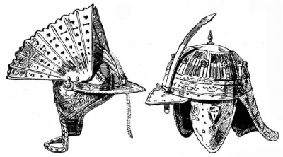 Рис. 45. Польский бургиньот. Украшен травлением с позолотой. Вторая пол. XVI в. Царскосельский арсенал. Рис. 46. Шишак герцога Карла II Лотарингского (1545-1608), рифленый, гравированный, с вытравленным рисунком, позолоченный и украшенный полудрагоценными камнями. Венгерская работа, ок. 1580 г.