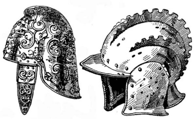 Рис. 37. Венецианский бургиньот. С чеканкой, воронением и позолотой по железу; нащечники более поздней работы. Ок. 1560 г. Музей Армерия Реале в Турине. Рис. 38. Бургиньот. С тремя гребнями из полированного железа. Из армии императора Карла V (1500-1558). Испания, ок. 1530 г.