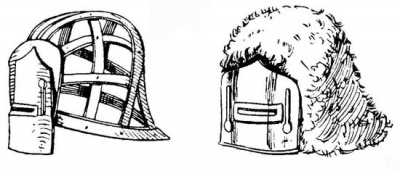 Рис. 28. а) Железный остов в форме салада, покрываемый шкурой, с подъемным забралом. b) Шлем в форме салада, обтянутый шкурой мехом наружу. Арсенальные книги императора Максимилиана, 1514 г. Тирольский арсенал.