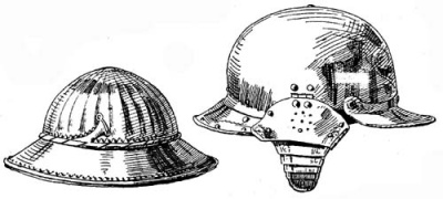 Рис. 23. Железная шляпа, в которую был одет император Максимилиан I (1459-1519) во время въезда в Лютцельбург (1480). Германия. Рис. 24. Железная шапка, украшенная травлением с золочением. Сменный шлем от доспеха Конрада фон Бемельберга (1494-1567). Работа Валентина Зибенбюргера, травление Альберта Глоккендона. Нюрнберг, 1532 г.