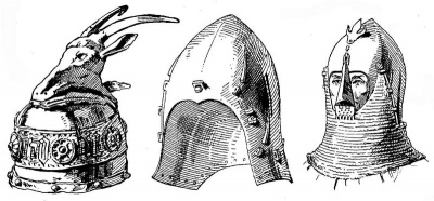Рис. 17. Бацинет со скобками для крепления бармицы и носовой стрелки. Италия, сер. XIV в. Музей Польди-Пеццоли в Милане. Рис. 18. Бацинет с пристегнутой носовой стрелкой. XIV в.