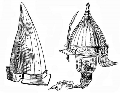 Рис. 43. Простой татарский шлем. Состоит из двух грубо склепанных частей и козырька XVI в. Музей Польди-Пеццоли в Милане. Рис. 44. Турецкий железный шишак Мехмет-паши Соколлу, великого визиря Османской империи (1505-1579). С богатыми украшениями в технике инкрустации золотом; козырек и назатыльник крепятся поворотными штифтами. Ок. 1560 г.