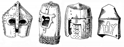 Рис. 7. Горшковыи шлем с конусообразным верхом. Переходный вариант от норманнского шлема. Сер. XII в. Церковь в Фавершеме. Рис. 8. Высокий горшковый шлем с открывающимся забралом и остатками подлинной бармицы. Из церкви в Норфолке, XII в. дворец Александры. Рис. 9. Горшковый шлем с откидной лицевой частью. Кон. XII в. Национальная коллекция в Лондоне. Рис. 10. Горшковый шлем Эдуарда, Черного принца (1330-1376). С его гробницы в Кентерберийском соборе.