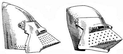 Рис. 20. Бацинет "собачья морда" с подъемным забралом. Швейцария, XIV в. Рис. 21. Бацинет "собачья морда" с подъемным забралом. Германия, нач. XV в.