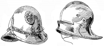 Рис. 25. Итальянский, т. н. луккский салад, с чеканными и позолоченными украшениями. Лента, идущая по шлему, имеет шипы и украшена вытравленными строчными буквами, которые не образуют слов и имеют чисто декоративное назначение. Кон. XV в. Царскосельский арсенал. Рис. 26. Немецкий салад с подъемным забралом. Край украшен декоративной латунной полосой; подбородник прикреплен к нагруднику и снабжен опускающейся деталью, которая слегка видна на рисунке. От доспеха эрцгерцога Зигмунда Тирольского (1439-1490).