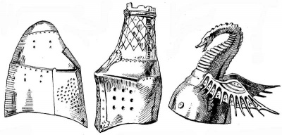 Рис. 11. Горшковый шлем. Из собора в Херефорде, позже хранился в коллекции Мейрика. XIV в. Настоящее место хранения неизвестно. Рис. 12. Горшковый шлем с остатками крепления для геральдической фигуры - вероятно, головы орла. XIV в. Музей артиллерии в Париже. Рис. 13. Шлем с геральдической фигурой, принадлежавший Хайме I Завоевателю, королю Арагона (1208-1276). Выполнен в восточном стиле. Музей Армерия Реаль в Мадриде.