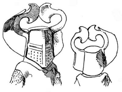 Рис. 14. а) Горшковый шлем с украшением в виде рогов. Статуэтка всадника, найденная при раскопках на острове Тексел. Нач. XIV в. Коллекция Сикса в Амстердаме. b) Вид сзади.