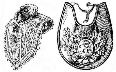 Рис. 63. Воротник, узор травленый, с серебрением. От венгерского походного снаряжения Фердинанда Карла, эрцгерцога Тирольского (1632—1662 г.). 1650 г. Рис. 64. Нагрудный знак прусского обер-офицера. Являлся элементом униформы и знаком различия. Ок. 1740 г.