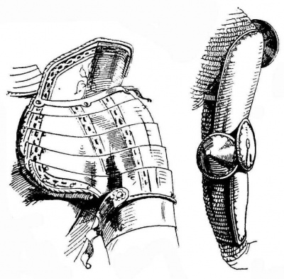 Рис. 5. Левый наплечник, с подвижным передним крылом и высоким гребнем. От доспеха императора Фердинанда I (1503—1564). Ок. 1560 г. Рис. 6. Защита руки с помощью отдельных защитных деталей. Прорисовка с детали надгробия рыцаря Бэкона в церкви Карлстоуна, сер. XIII в.