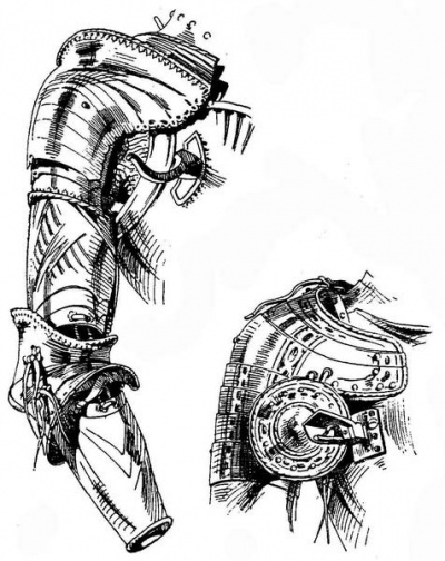 Рис. 1. Правый наруч, с перфорированным передним крылом наплечника и привязными налокотниками в форме полураковины ("открытой раковины»). От готического доспеха эрцгерцога Зигмунда Тирольского. Немецкая работа, ок. 1480 г. Рис. 2. Правый наплечник с подвижным диском. От доспеха императора Фердинанда I. Ок. 1560 г.