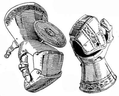 Рис. 3. Рукавица с защитным диском. Подвижный большой палец имеет гнездо для перстня. От доспеха Федерико Гонзага, маркиза Мантуанского. Италия, ок. 1480 г. Травление по краю выполнено в XVI в. Рис. 4. Замыкающаяся рукавица. Украшена травлением с позолотой. От доспеха императора Фердинанда I, предназначенного для пешего боя. Ок. 1560 г.