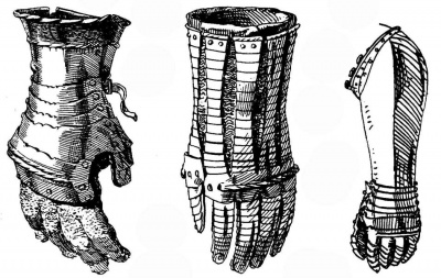 Рис. 8. Правая перчатка, с защитой суставов, подвижным большим пальцем и кольчужной защитой фаланг пальцев; полированная, с поясом черного травления по краю краги. От ландскнехтского доспеха Каспара фон Фрундсберга. Германия, ок. 1527 г. Рис. 9. Правая перчатка, из пластинок и кольчужной ткани, т. н. "бригантинная»; украшена травлением с золочением. Германия, по итальянскому образцу, ок. 1560 г. Рис. 10. Правая перчатка, с наручем, доходящим до локтя, т. н. "пикинерская»; черненая, с фестонами из кожи. Италия, ок. 1620 г.