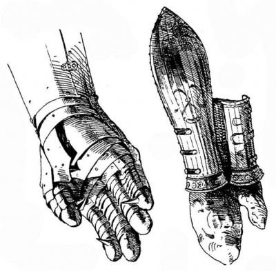 Рис. 11. Правая перчатка, полностью защищает руку; с шипами на пальцах. Италия, ок. 1570 г. Рис. 12. Турецкий левый наруч, с рукавицей из красной камки; рифленый, богато инкрустирован золотом; показан в открытом состоянии. Из трофеев, взятых при отступлении турок от Вены (1529 г.). Принадлежал султану Сулейману I (1495-1566).