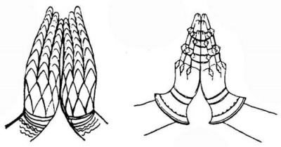 Рис. 1. Чешуйчатая перчатка с железными пластинками, нашитыми в виде чешуи на кожаную основу. Прорисовка детали с надгробия сэра Ричарда Берлингторпа, ок. 1310 г. Рис. 2. Железные перчатки. Прорисовка детали гробницы рыцаря из рода Эресби в церкви Спилсби в Линкольншире, ок. 1410 г.
