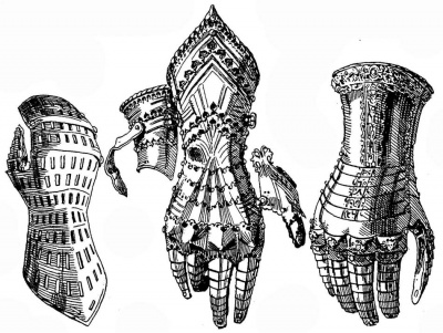 Рис. 5. Перфорированная рукавица. От доспеха императора Максимилиана I. Ок. 1480 г. Рис. 6. Правая перчатка, с латунной окантовкой и выступами на суставах, рифленая, с фестончатой отделкой краев подвижных пластин; большой палец прикреплен на шарнире. От доспеха эрцгерцога Зигмунда Тирольского. Германия, ок. 1480 г. Рис. 7. Правая перчатка, полированная, с накладными латунными и позолоченными полосами. От парадного доспеха императора Карла V. Рисунок выполнен в манере Венцеля Ямницера. Ок. 1550 г.