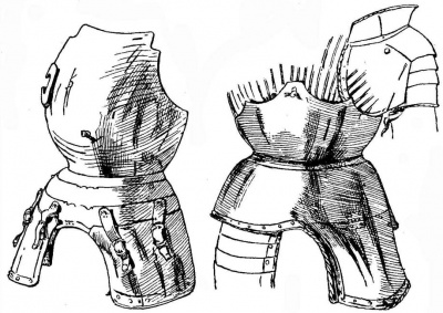 Рис. 18. Дополнительный нагрудник, с юбкой и жесткими набедренниками; для "новых» турниров на копьях через барьер. От доспеха графа Андреаса фон Зовненберга (убит 1511). Работа Дезидериуса Хельмшмида из Нюрнберга, ок. 1505 г. Рис. 19. Усиление для нагрудника, т. е. "брюхо», с жесткими юбкой и левым набедренником; для "новых» турниров на копьях через барьер. От максимилиановского доспеха Рупрехта Пфальцского (ум. 1504). Германия, ок. 1500 г.