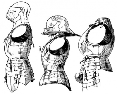 Рис. 6. Подвижный бочкообразный нагрудник, с юбкой и набедренниками. Италия, ок. 1450 г. Рис. 7. Подвижный готический нагрудник, с юбкой, подбородником и саладом. Германия, ок. 1480 г. Рис. 8. Шаровидный нагрудник, с юбкой, набедренниками и гульфиком. Германия, ок. 1510 г.