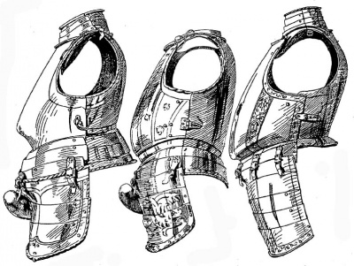 Рис. 9. Нагрудник с тапулем, с юбкой, набедренниками и гульфиком. Германия, ок. 1540 г. Рис. 10. Нагрудник, с юбкой, набедренниками и гульфиком. Германия, 1547 г. Рис. 11. Нагрудник с гусиной грудью, с ожерельем и набедренниками; ожерелье сильно вытянуто вверх. Италия, ок. 1570 г.