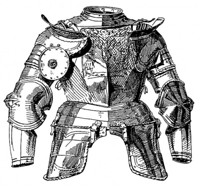 Рис. 3. Ландскнехтский полудоспех. Состоит из ожерелья, наплечников с гребнями и подвижным диском с правой стороны, наручей с налокотниками — полными раковинами, нагрудника с острым тапулем, юбки и набедренников; нагрудник украшен травленым рисунком. Германия, ок. 1540 г.