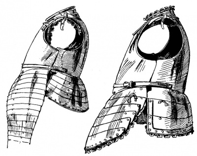Рис. 12. Нагрудник, с ожерельем и подвижными набедренниками-налядвенниками. Германия, ок. 1626 г. Рис. 13. Тяжелый нагрудник, с ожерельем и юбкой. Германия, ок. 1640 г.
