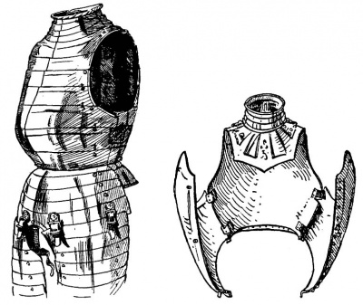 Рис. 14. Подвижный нагрудник, т. н. "рачья грудь», с подвижными ожерельем, юбкой и набедренниками-налядвенниками. От трехчетвертного доспеха Никласа III фон Зальм-Нойбурга, оборонявшего Вену в 1529 г. Германия, 1542 г. Рис. 15. Кираса, с раскрывающимся спереди нагрудником. От трехчетвертного доспеха дона Хуана Австрийского (1547—1578). Италия, ок. 1575 г.