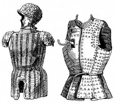 Рис. 21. Корацин с бургиньотом Франческо Марии ди Монтефельтро делла Ровере, герцога Урбино. Работа братьев Филиппе и Джакомо Нигроли, 1532 г. Рис. 22. Бригантина, обтянута вишнево-красным бархатом. Принадлежала полевому полковнику Якобу фон Эмбсу (ум. 1512). Вероятно, работа миланского мастера, ок. 1500 г.