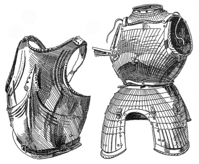 Рис. 1. Сборный нагрудник. От доспеха венецианского военачальника Бартоломео Коллеони (ок. 1399—1475). Италия, ок. 1470 г. Рис. 2. Нагрудник, с ожерельем, юбкой и подвижными набедренниками. От максимилиановского доспеха Рупрехта Пфальцского (ум. 1504). Германия, ок. 1500 г.