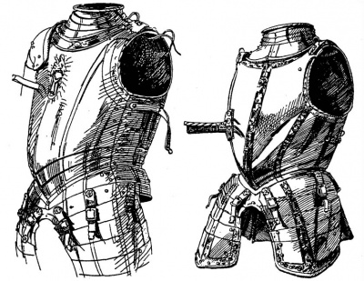 Рис. 4. Нагрудник, с ожерельем, юбкой и подвижными набедренниками; полосы и фигуры выполнены травлением с золочением; крюк для копья откидной. От доспеха императора Карла V, который тот носил в 1546 г. под Ингольштадтом. Германия, 1543 г. Рис. 5. Нагрудник, с гусиной грудью, ожерельем и набедренниками; украшен травлением с чернением. От боевого доспеха. Германия, ок. 1560 г.