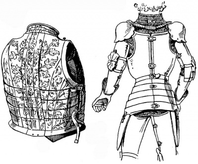 Рис. 1. Наспинник-"полурак". От парадного доспеха, бывшего на эрцгерцоге Фердинанде Тирольском во время венчания с Анной Катариной Мантуанской (1583). Предположительно работа тирольского мастера, ок. 1580 г. Рис. 2. Система застегивания наспинника. Вид сзади деревянной статуэтки Вильгельма (Виллема) VI, графа Голландского (ум. 1417). Статуэтка выполнена А. Квеллинусом как копия бронзовой статуи, погибшей при пожаре амстердамской ратуши в 1652 г.